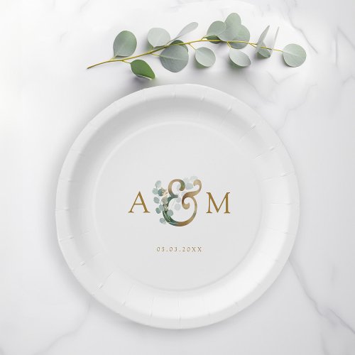 Modern elegant eucalyptus ampersand wedding  paper plates