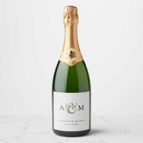 Modern elegant eucalyptus ampersand wedding    sparkling wine label