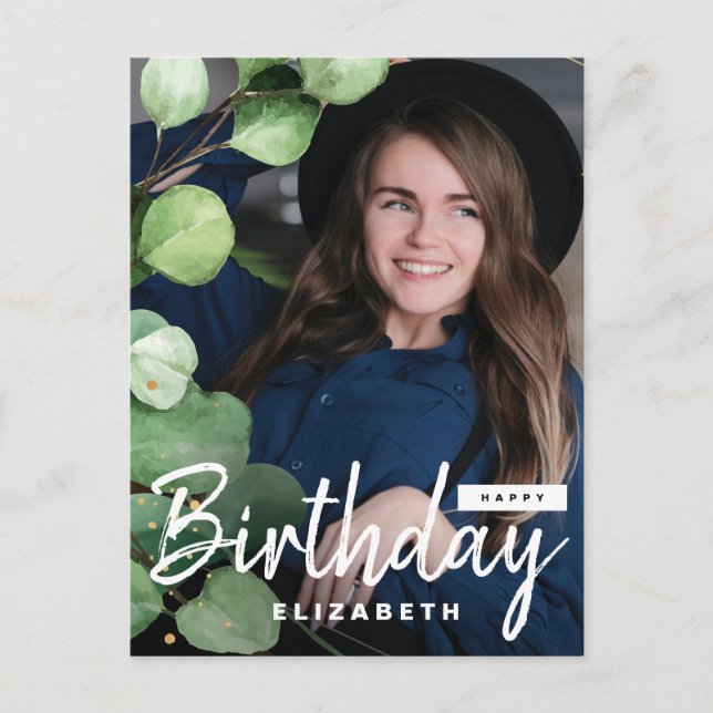 Modern Elegant Eucalyptus Birthday Greeting Photo  Postcard (Front)