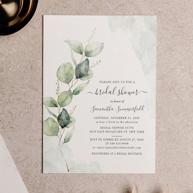 Modern Elegant Eucalyptus Bridal Shower Invitation (Eucalyptus Botanical Watercolor Bridal Shower Invitation)
