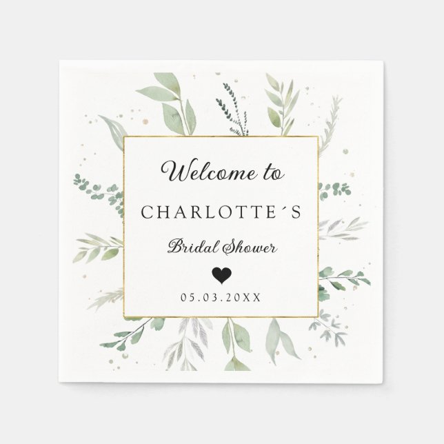 Modern, elegant eucalyptus bridal shower napkins (Front)