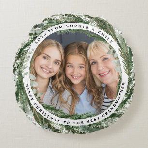 modern elegant eucalyptus Christmas photo family Round Pillow