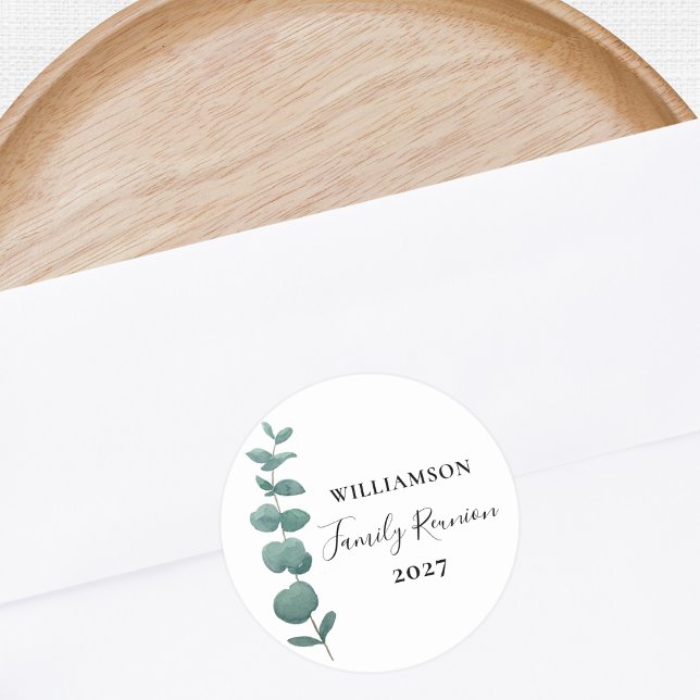Modern Elegant Eucalyptus Family Reunion   Classic Round Sticker (Creator Uploaded)