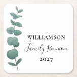 Modern Elegant Eucalyptus Family Reunion Square Paper Coaster<br><div class="desc">This coaster is decorated with a stylish watercolor eucalyptus sprig with elegant typography.
Easily customizable.
Use the Design Tool to change the text size,  style,  or color.
Because we create our artwork you won't find this exact image from other designers.
Original Watercolor © Michele Davies.</div>