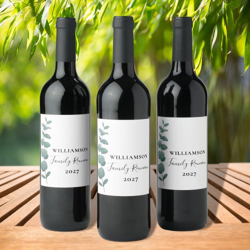Modern Elegant Eucalyptus Family Reunion Wine Label