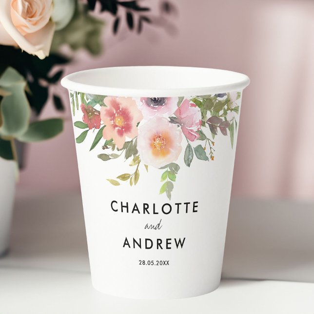 Modern, elegant eucalyptus flower wedding paper cups (Modern, elegant eucalyptus flower wedding paper cups with your name and date.)