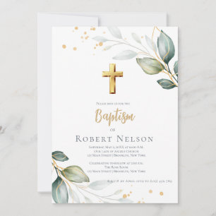 Modern Elegant Eucalyptus Gold Baptism Christening Invitation