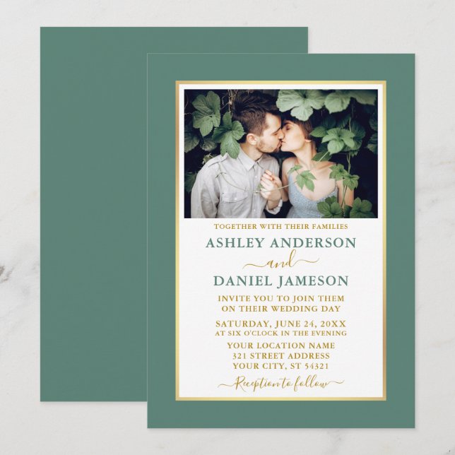 Modern Elegant Eucalyptus Green Gold Wedding Invitation (Front/Back)