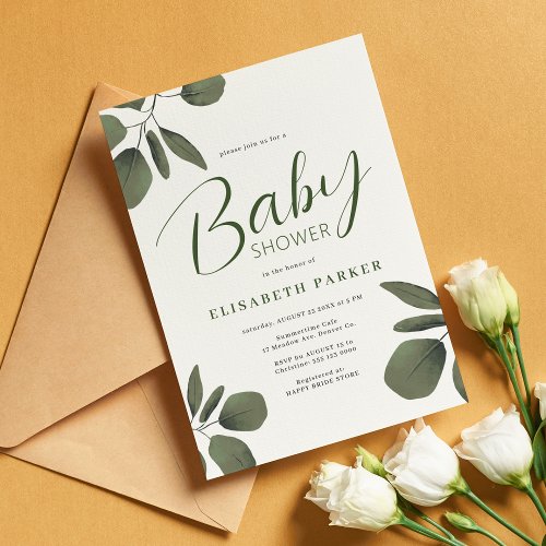 Modern elegant eucalyptus greenery baby shower invitation
