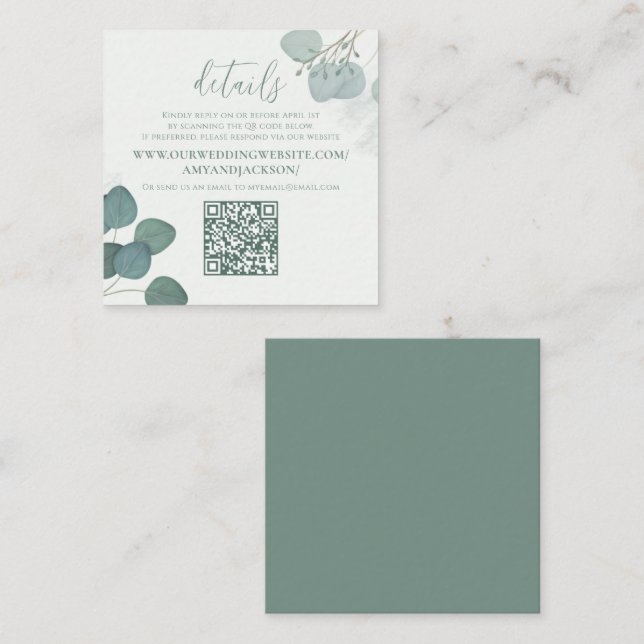 Modern Elegant Eucalyptus Greenery QR Code Website Square Business Card (Front/Back)