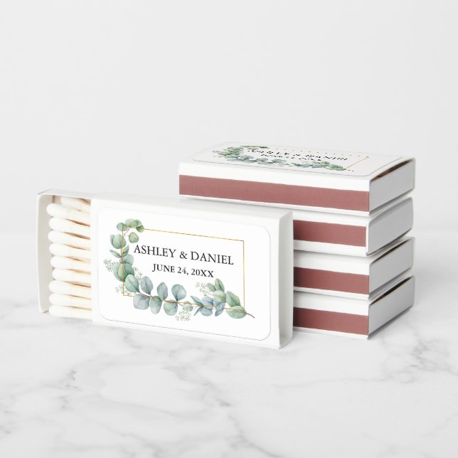 Modern Elegant Eucalyptus Greenery Wedding Matchboxes (Stacked)