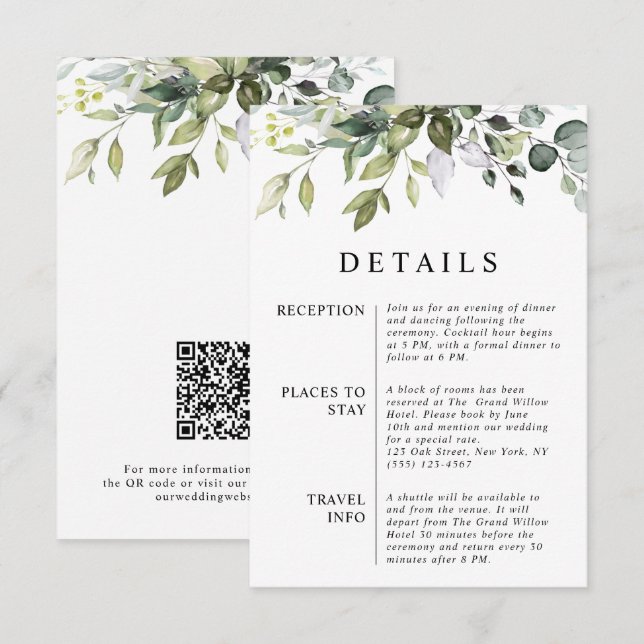 Modern Elegant Eucalyptus Leaves QR Code Wedding Enclosure Card (Front/Back)