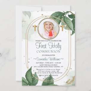 Modern Elegant Eucalyptus Photo First Communion Invitation