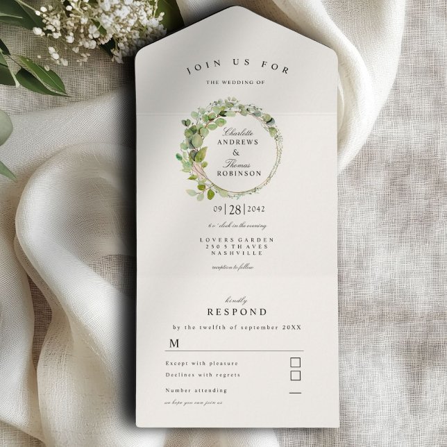 Modern, elegant eucalyptus wedding    all in one invitation (Modern, elegant eucalyptus wreath wedding all in one invitation)