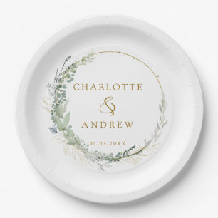 Modern, elegant eucalyptus wedding paper plates