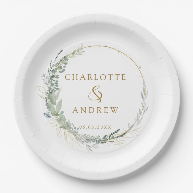 Modern, elegant eucalyptus wedding   paper plates (Front)