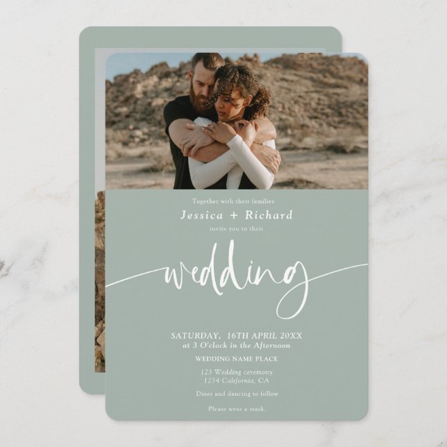 Modern elegant eucalyptus wedding script photos  invitation (Front/Back)
