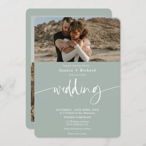 Modern elegant eucalyptus wedding script photos  invitation
