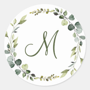 Modern Elegant Eucalyptus Wreath MONOGRAM Boho Classic Round Sticker