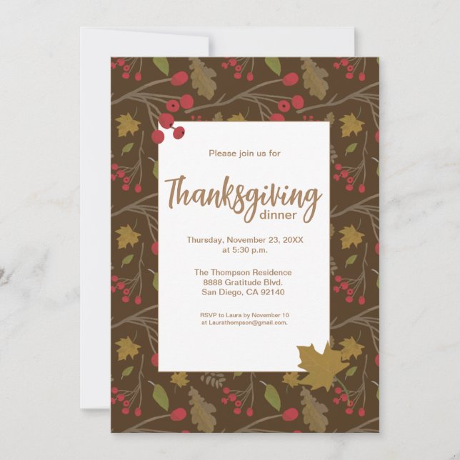 Modern Elegant Fall Leaves Thanksgiving Brown  Invitation (Front)