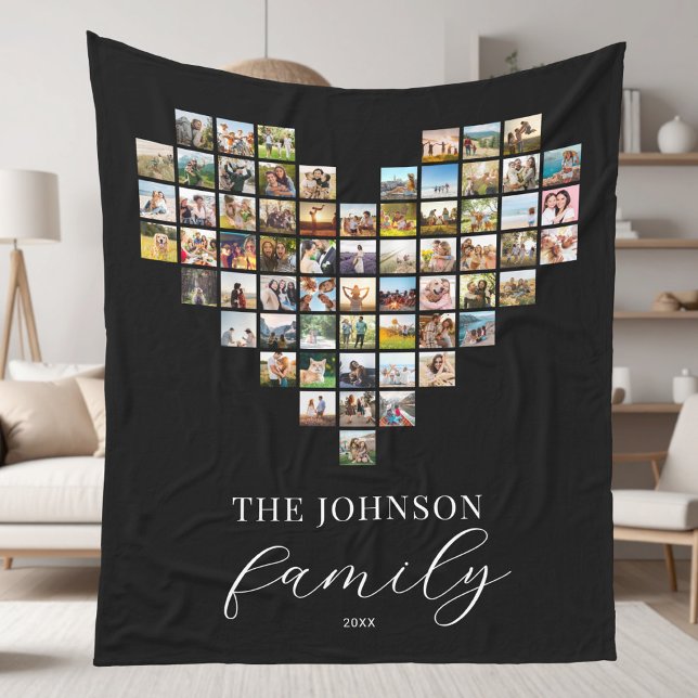 Modern Elegant Family Heart Shaped Photo Collage Fleece Blanket (Creator Uploaded)