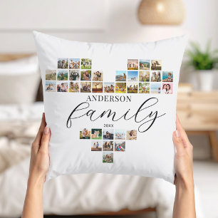 Modern Elegant Family Heart Shaped Photo Collage Throw Pillow