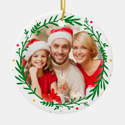 Modern Elegant Family Photo Christmas Wreath Ceramic Ornament