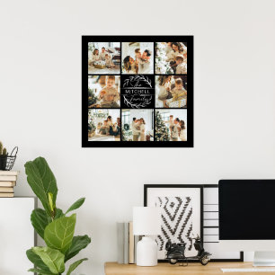 Modern Elegant Family Photo Collage Black Keepsake Poster