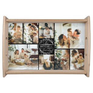 Modern Elegant Family Photo Collage & Initial Serv Serving Tray