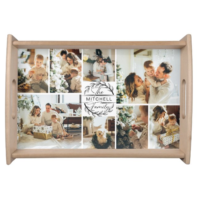 Modern Elegant Family Photo Collage & Initial Serv Serving Tray (Front)