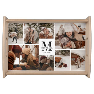 Modern Elegant Family Photo Collage & Initial Serving Tray