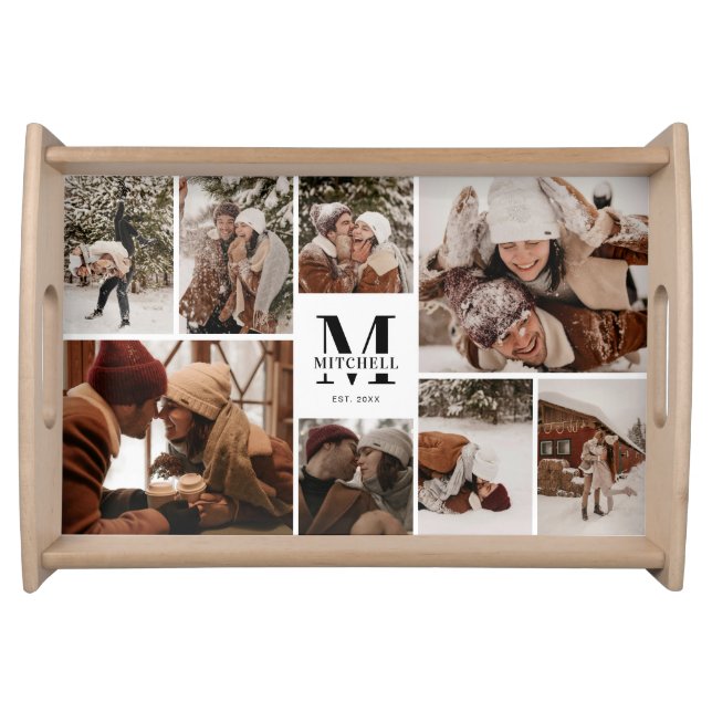 Modern Elegant Family Photo Collage & Initial Serving Tray (Front)