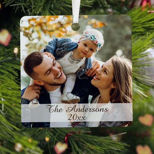 Modern Elegant Family Photo Custom 2 Sided Metal Ornament