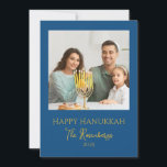 Modern Elegant Family Photo Hanukkah Holiday Card<br><div class="desc">Send warm Hanukkah greetings with this beautiful family photo flat cards! Design features a modern family photo template , with elegant, modern typography reading "Happy Hanukkah", family name and year on a classic blue background. The back of the card has a complementing blue background. Easy to customize photo and text....</div>