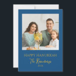 Modern Elegant Family Photo Hanukkah Holiday Card<br><div class="desc">Send warm Hanukkah greetings with this beautiful family photo flat cards! Design features a modern family photo template , with elegant, modern typography reading "Happy Hanukkah", family name and year on a classic blue background. The back of the card has a complementing blue background. Easy to customize photo and text....</div>