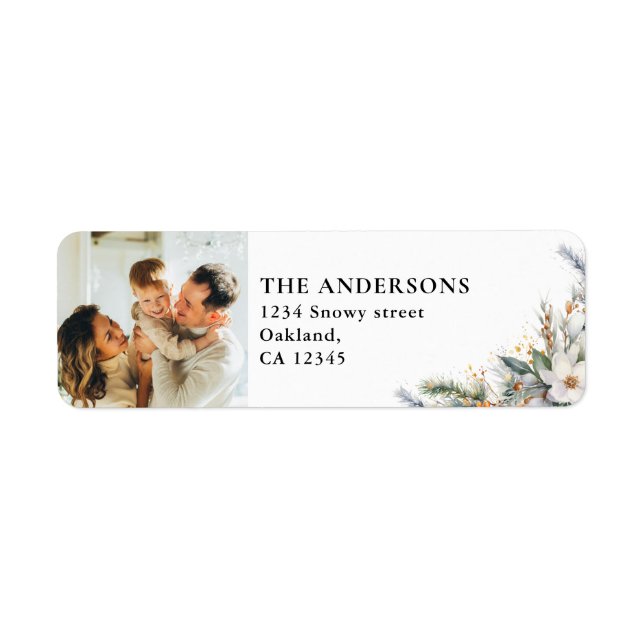 Modern Elegant Family Photo & Pine Tree Christmas Label (Front)