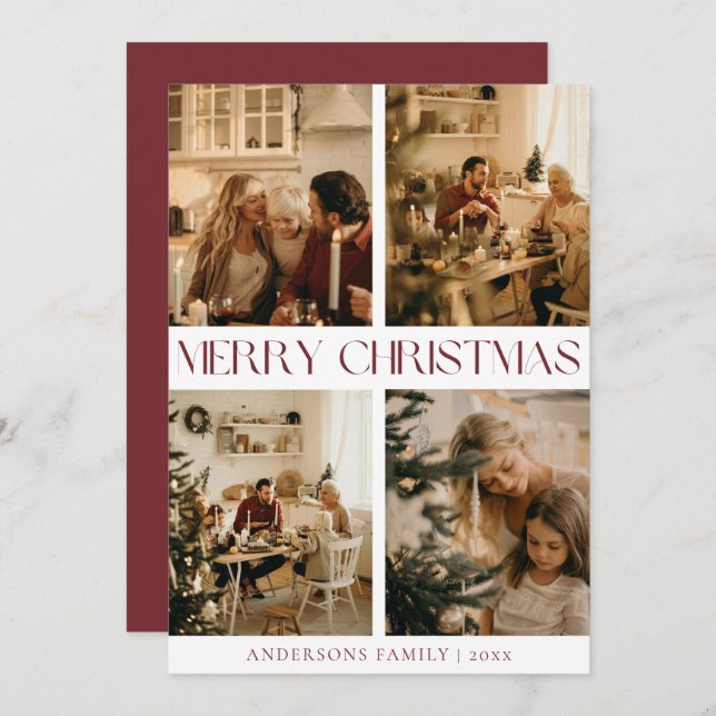 Modern Elegant Family Photo Red Minimal Christmas Holiday Card (Front/Back)