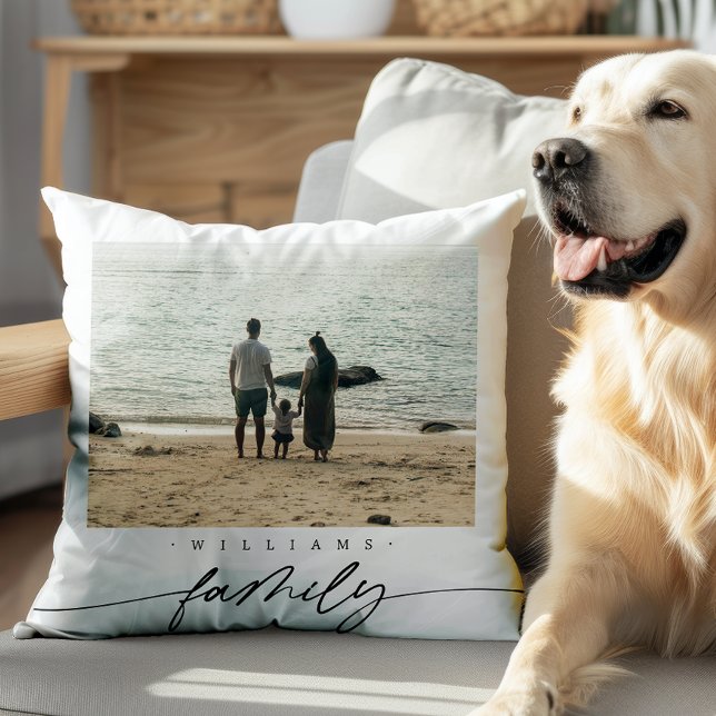 Modern Elegant Family Photo Script Typography Throw Pillow (Creator Uploaded)