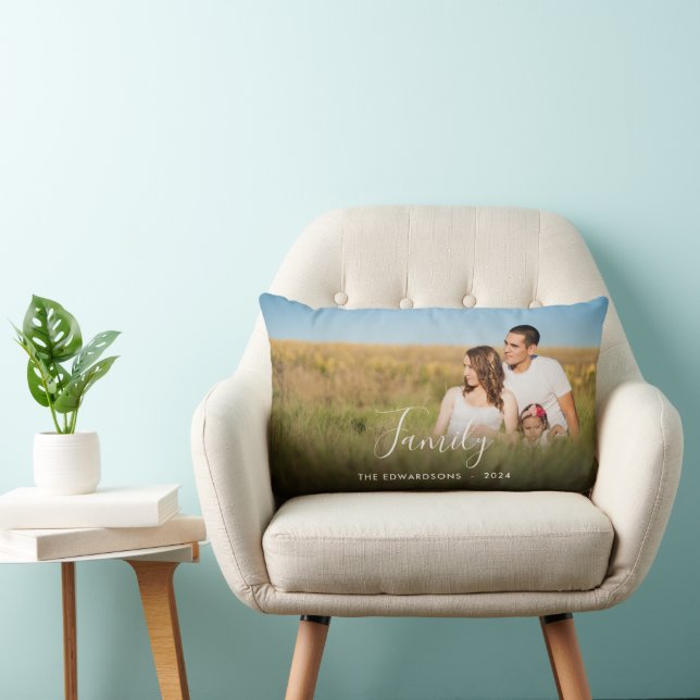 Modern elegant family photo together script lumbar pillow (Chair)