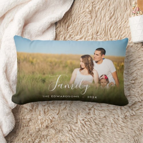 Modern elegant family photo together script lumbar pillow