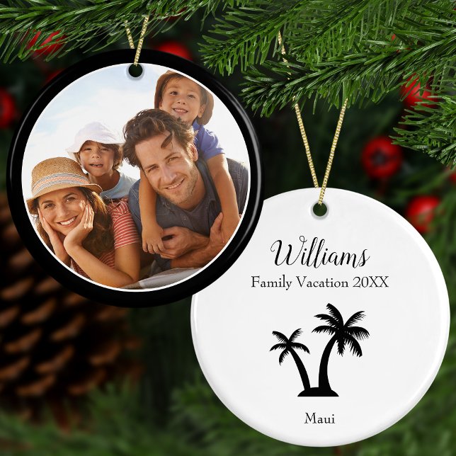 Modern + Elegant Family Vacation Photo Christmas Ceramic Ornament (Creator Uploaded)