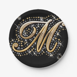 modern elegant fancy letter M   monogram Paper Plates