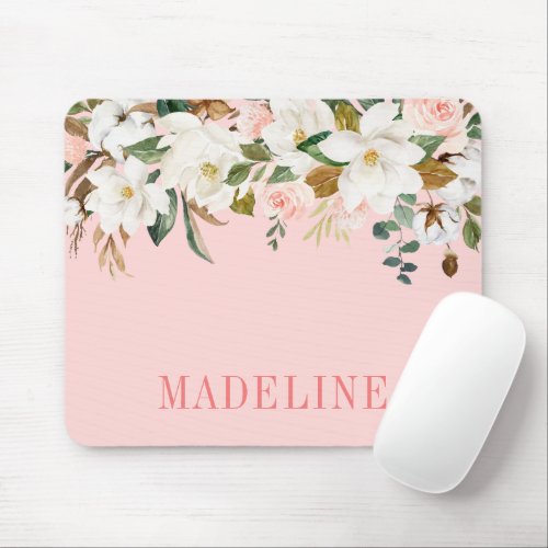 Modern Elegant Fashionable Watercolor Magnolias Mouse Pad