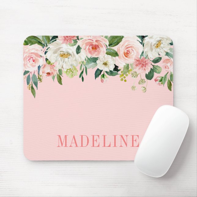 Modern Elegant Fashionable Watercolor Pink Floral Mouse Pad (With Mouse)