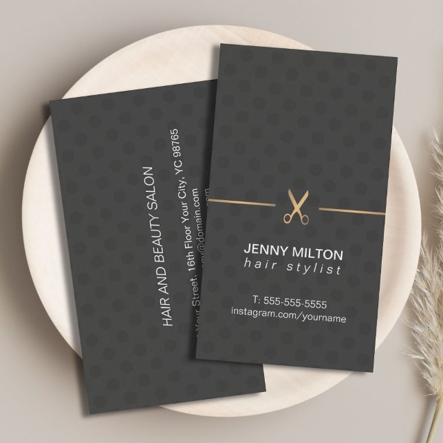 Modern Elegant Faux Gold Black Dotted Hair Stylist Business Card (Creator Uploaded)
