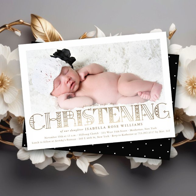 Modern Elegant Faux Gold Foil Christening Photo Invitation (Boho Elegant Faux Gold Foil Stylish Chic Modern Christening Religious Photo Invitation @ fat_fa_tin)