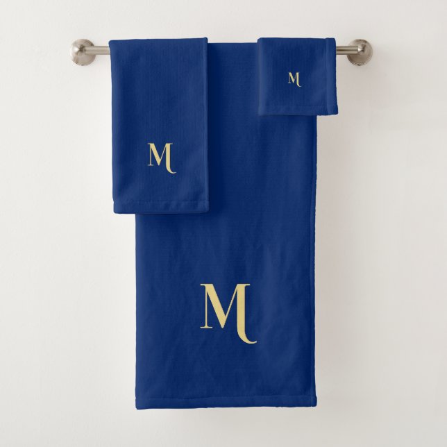 Modern Elegant Faux Gold Monogrammed Navy Blue Bath Towel Set (Insitu)