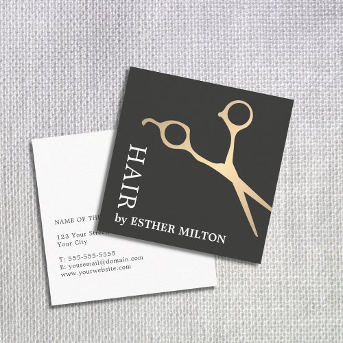 Modern Elegant Faux Gold Scissor Hair Stylist Square Business Card