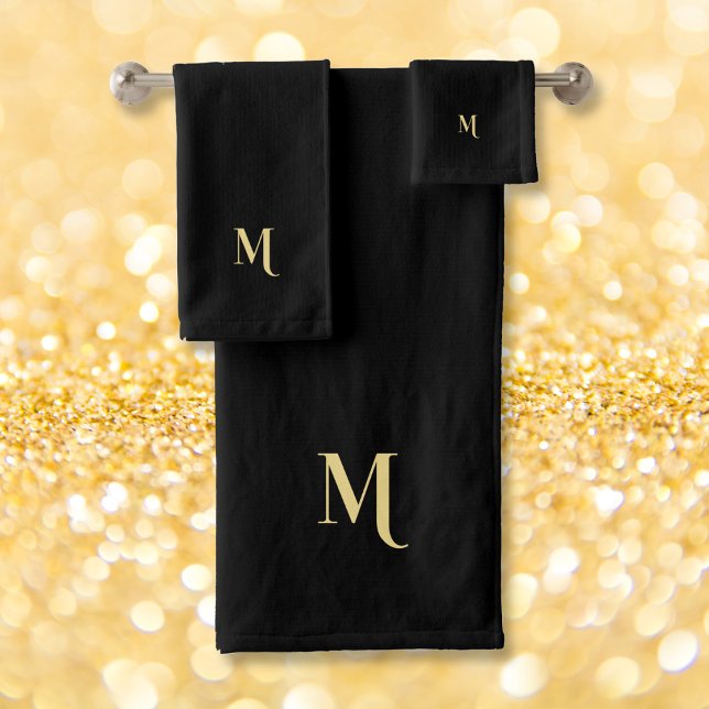 Modern Elegant Faux Gold Script Monogrammed Black Bath Towel Set (Modern Elegant Faux Gold Script Monogrammed Black Bath Towel Set)