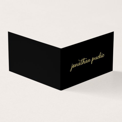 Modern Elegant Faux Gold Script Text Black Folded Business Card